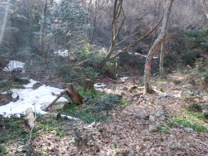 登山口周辺には残雪があります。